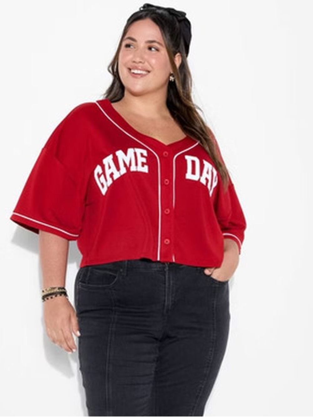 GAME DAY Red Cropped Baseball V Neck Athletic Jersey -Wild Fable M